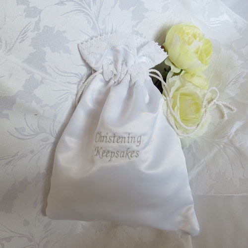 Christening Day Keepsakes Bag Edged with Nottingham Lace