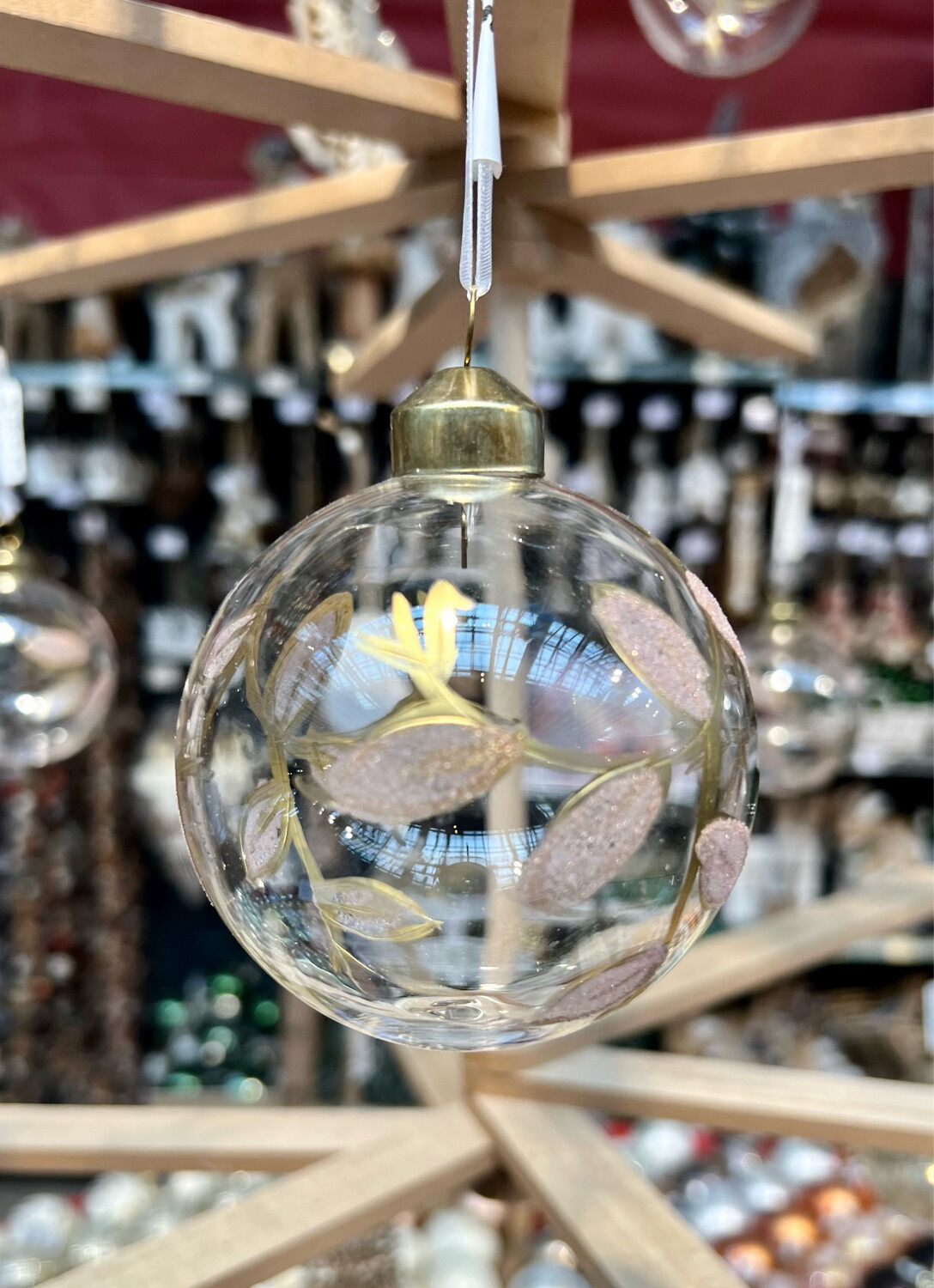 Boule Noël, verre, feuilles pailletées, or diamètre 8 cm
