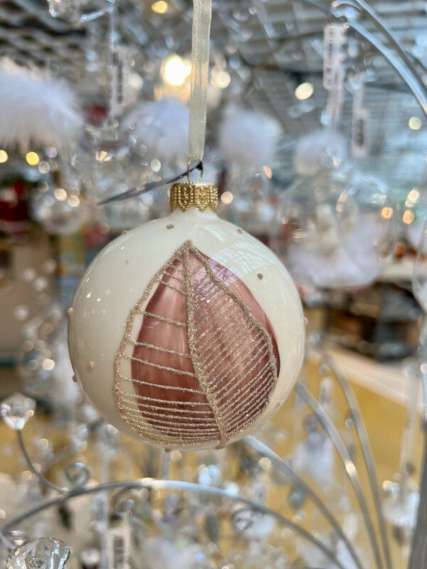 Boule de Noël, couleur crème, feuille, diamètre 8 cm