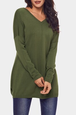 Green Soild Color V Neck Loose Women Sweater