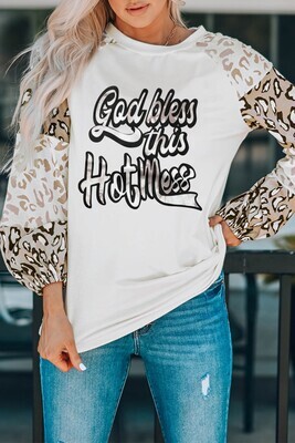 God Bless Graphic Leopard Block Long Sleeve Pullover