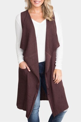 Brown Pocket Knitted Long Sweater Vest