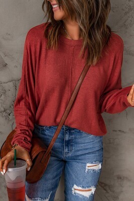 Red Solid Color Patchwork Long Sleeve Top