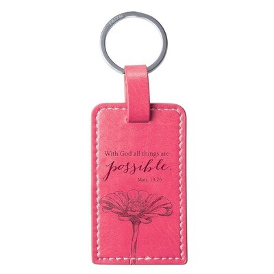 Christian Art Gifts - All Things are Possible Pink Faux Leather Key Ring - Matthew 19:26