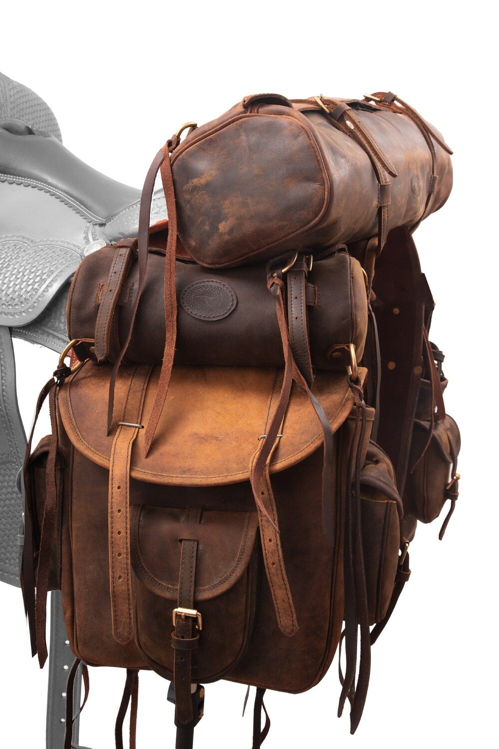 Bisacce da sella Long Trek Saython Saddlery con Banana Bag e Roll Bag, cuoio ingrassato