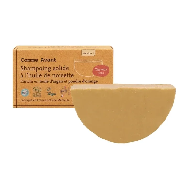 Shampoing solide à l'huile de noisette enrichi en huile d'argan et poudre d'orange