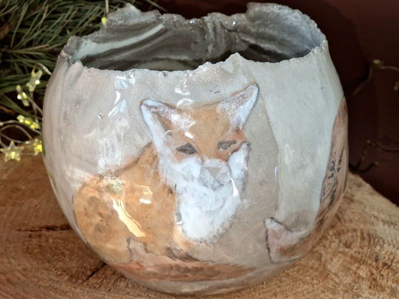 Raku Windlicht Fuchs und Wald