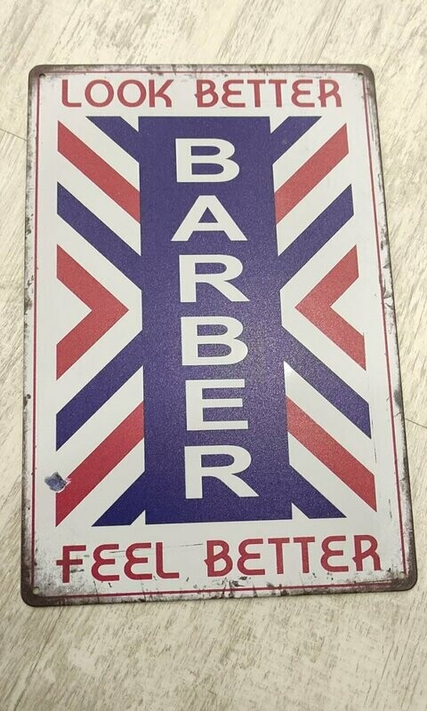 CARTEL METALICO VINTAGE BARBER SHOP VERTICAL