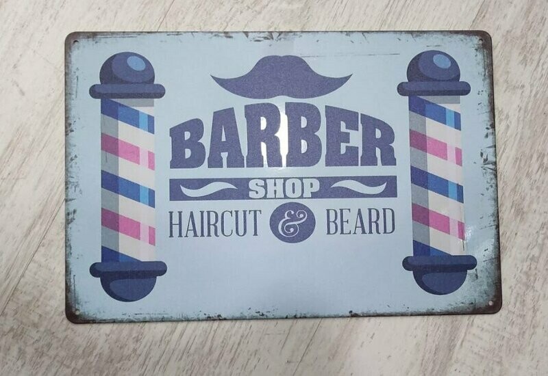 CARTEL METALICO VINTAGE BARBER SHOP BLUE