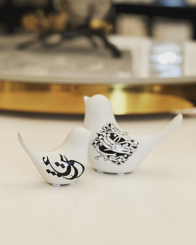 Set Of 2 Decorative White Ceramic Birds With persian Poem Calligraphy