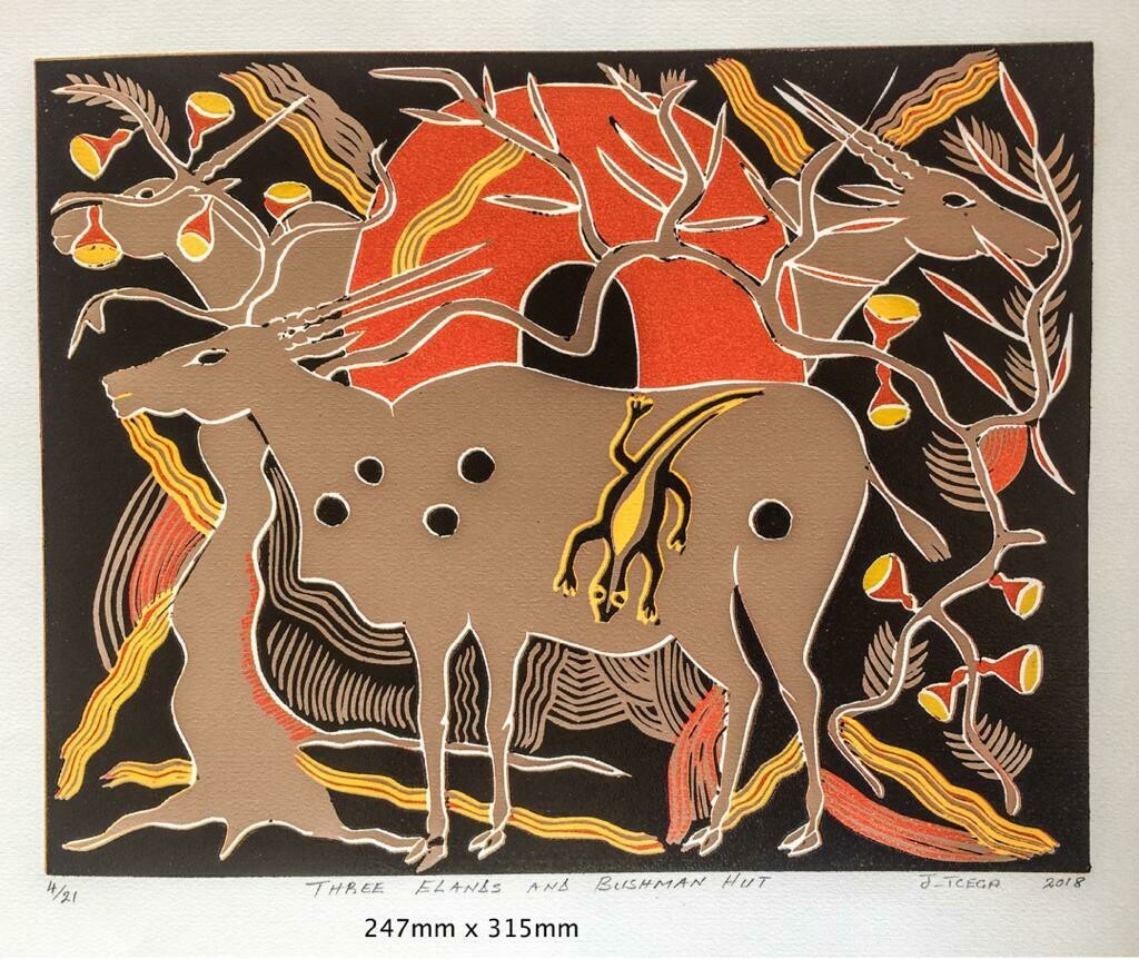 Kuru Art - Three Elands And Bushmen Hut