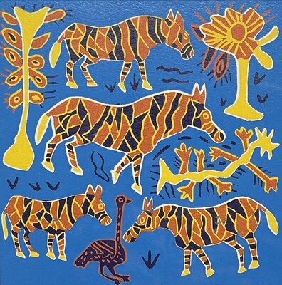Kuru Art - Four Zebras and Ostrich