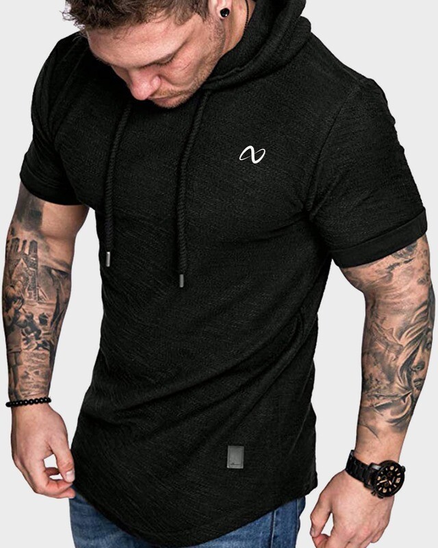 Guys Solid Patched Drawstring Hooded Tee