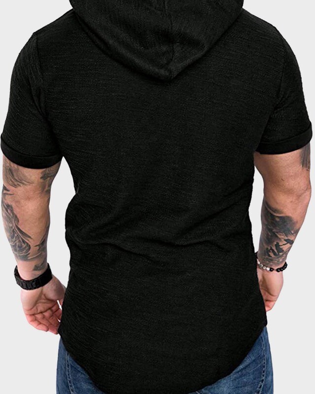 Guys Solid Patched Drawstring Hooded Tee
