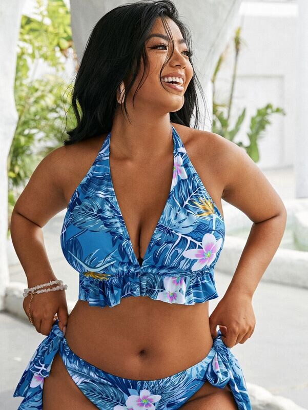 Two Piece Plus Floral &amp; Tropical Halter Bikini Top