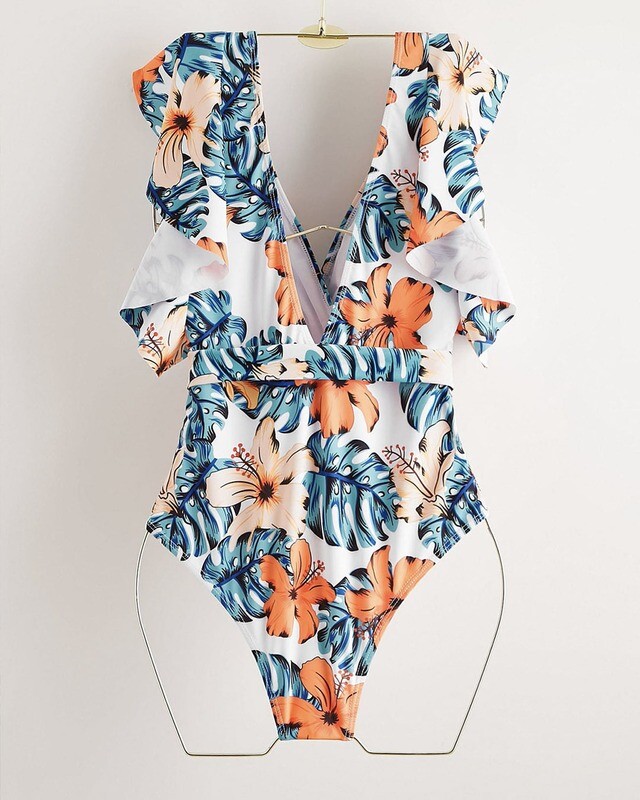 One piece Tropical Print Ruffle Swimsuit