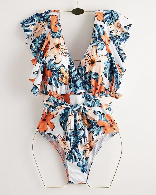 One piece Tropical Print Ruffle Swimsuit