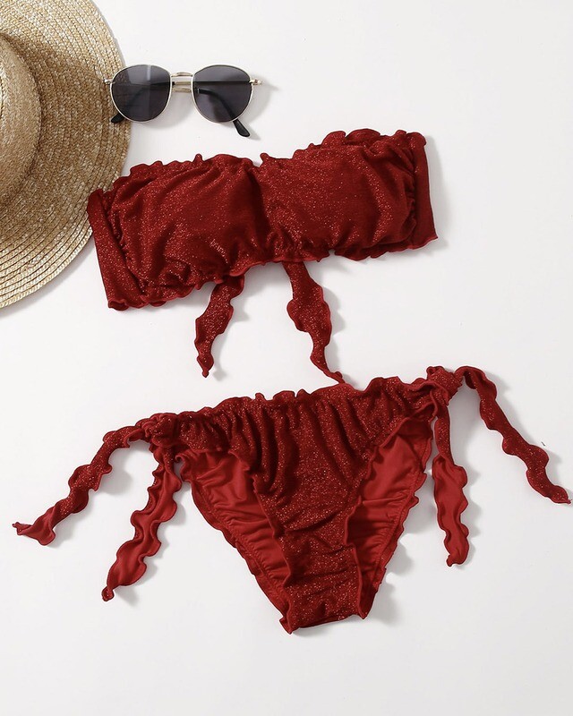 Two Piece Plain Lettuce Trim Glitter Bikini
