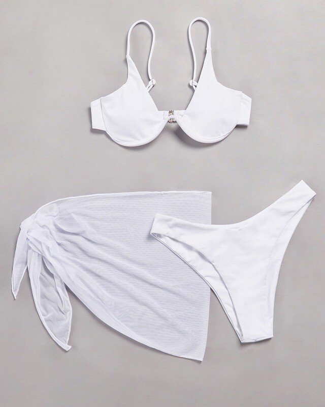 Three piece Solid Bikini With Beach Skirt