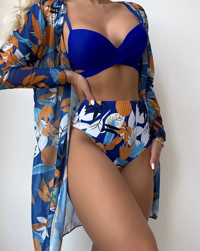 Three piece Allover Plant Print Twist Push Up Bikini  With Kimono