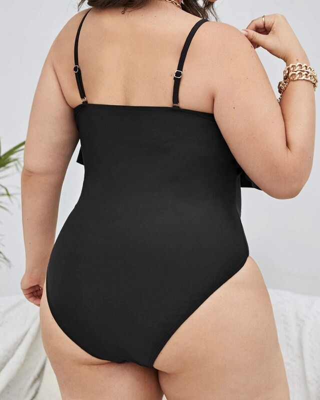 Plus Solid Ruffle Hem One Piece Swimsuit