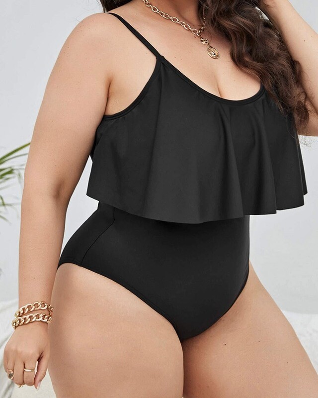 Plus Solid Ruffle Hem One Piece Swimsuit
