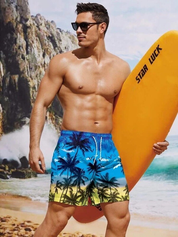 Men Coconut Tree Print Drawstring Waist Swim Trunks