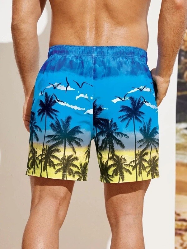 Men Coconut Tree Print Drawstring Waist Swim Trunks