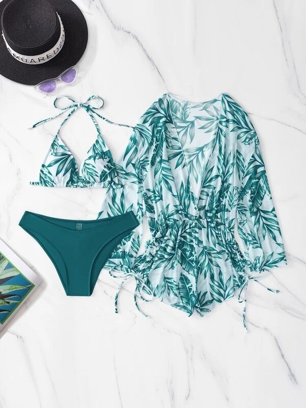 2 piece Random Tropical Print Halter Drawstring Side Bikini