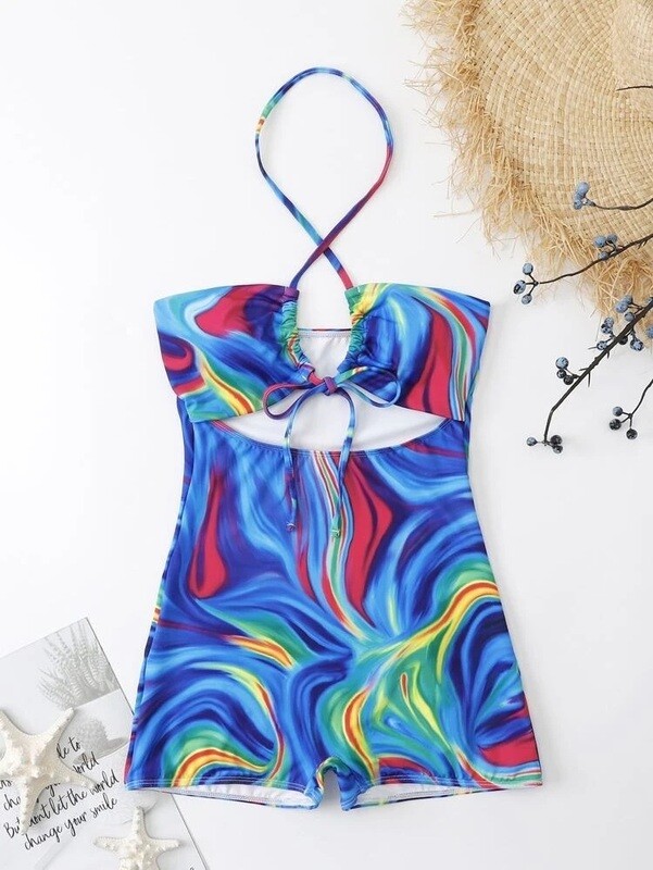 1 piece Allover Print Cut-out Swimsuit