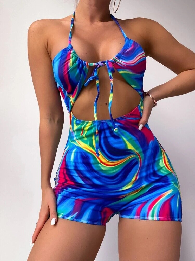 1 piece Allover Print Cut-out Swimsuit