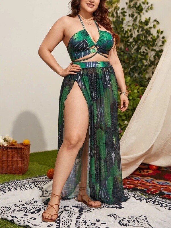 2 piece Plus Size Palm Leaf Print Criss Cross Halter Bikini