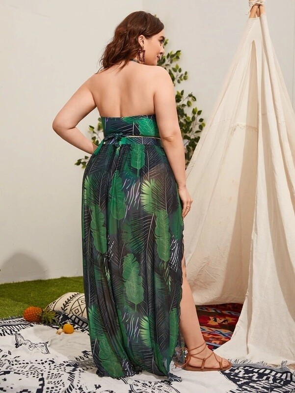 2 piece Plus Size Palm Leaf Print Criss Cross Halter Bikini
