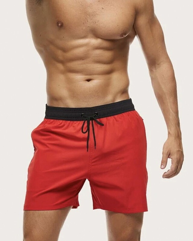 Men Drawstring Waist Slant Pocket Swim Trunks
