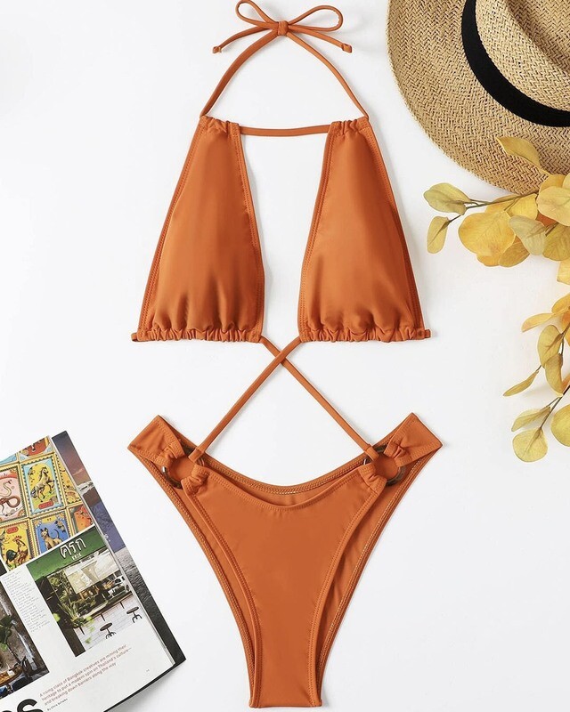 Criss Cross Ring Linked Halter One Piece Swimsuit