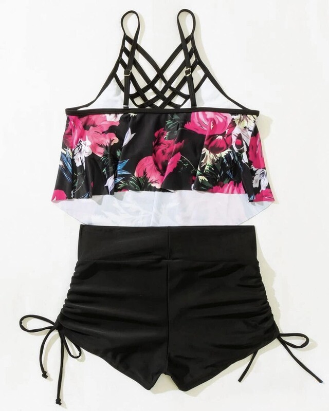 Two piece Tropical Lattice Front Shorts Bikini Swimsuit