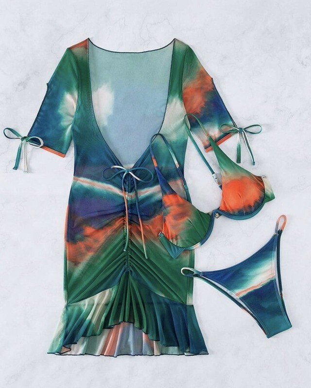 Tie Dye Drawstring Bikini Swimsuit With Cover Up