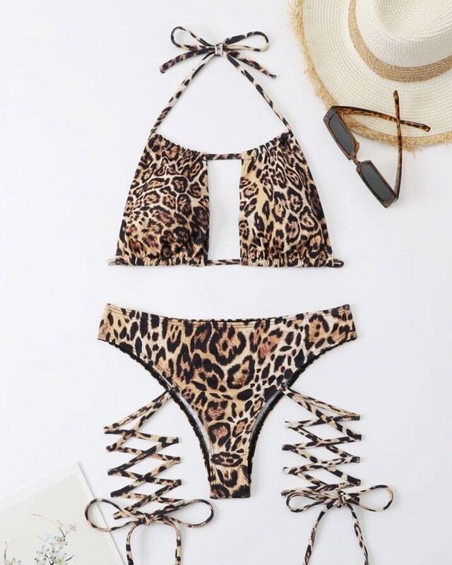 Leopard Lace-up Halter Bikini Swimsuit