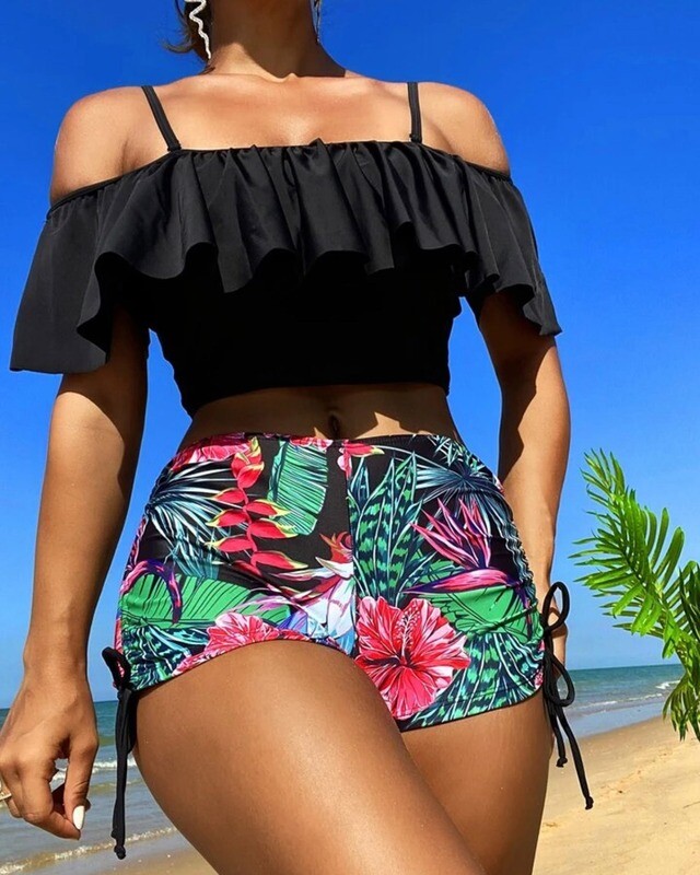 Tropical Tankini Cold Shoulder Ruffle Top &amp; High Waisted Shorts 2 Piece Bathing Suit