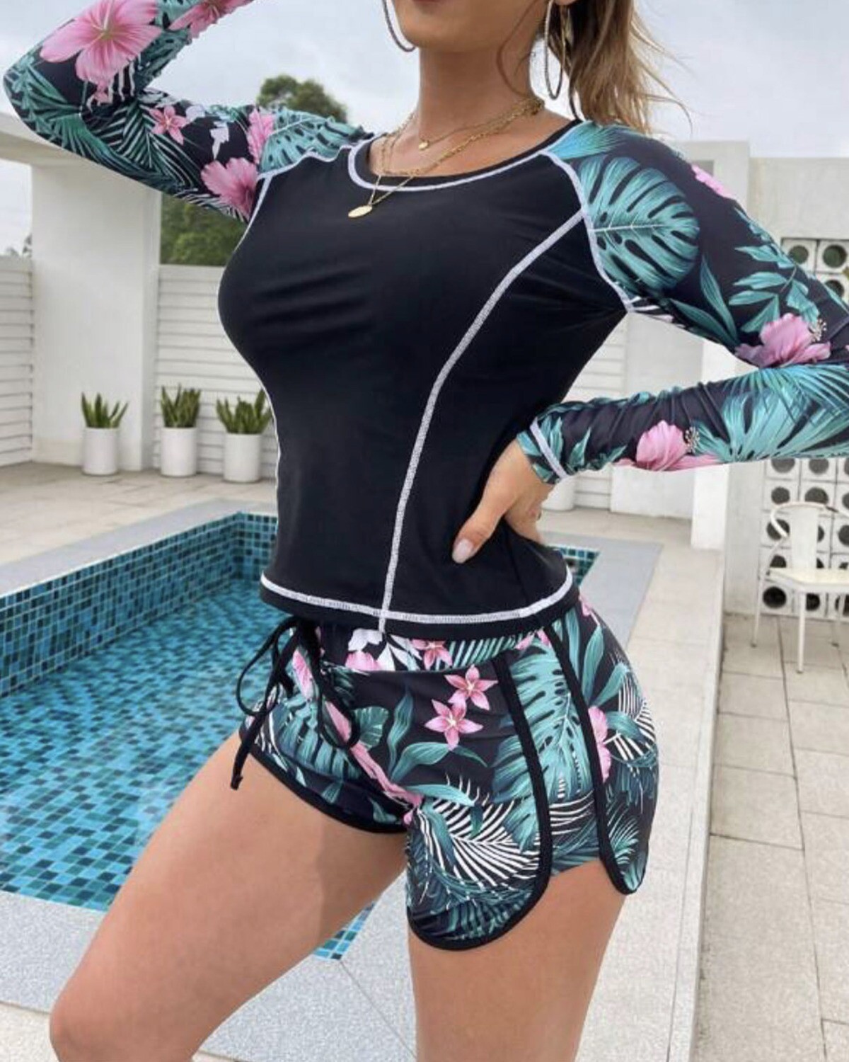 Tropical Print Drawstring Bikini Swimsuit With Long Sleeve