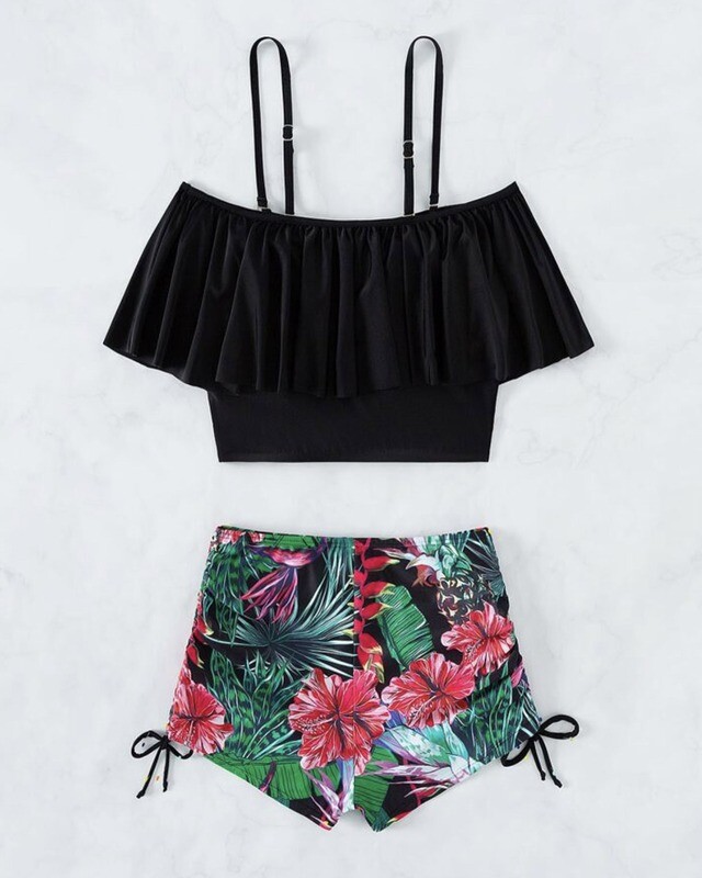 2 Piece Tropical Tankini Cold Shoulder Ruffle Top &amp; High Waisted Shorts Bathing Suit