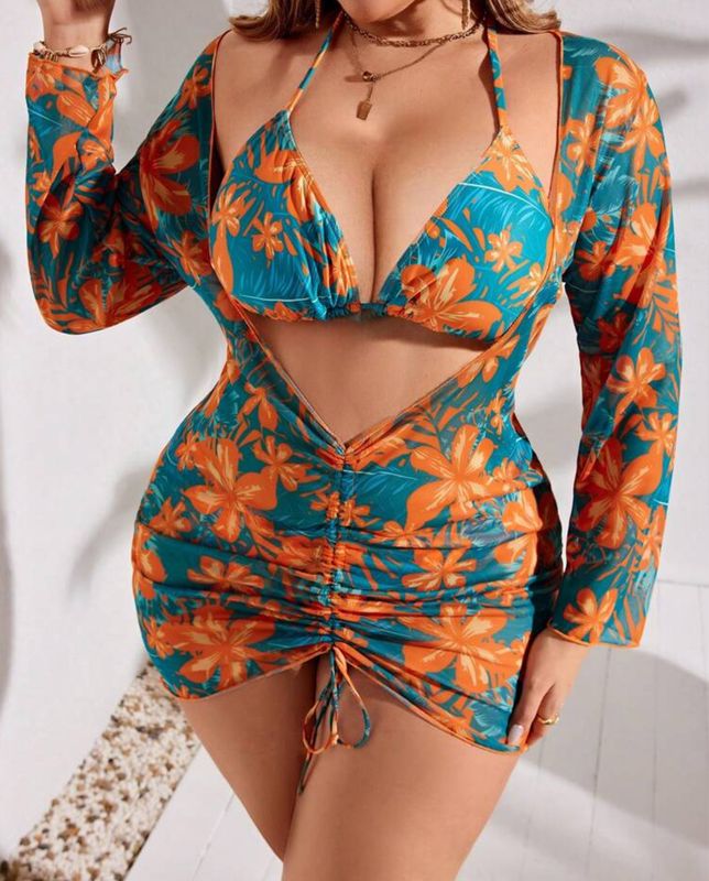 Tropical Print Halter Triangle Bikini Set With Cover Up