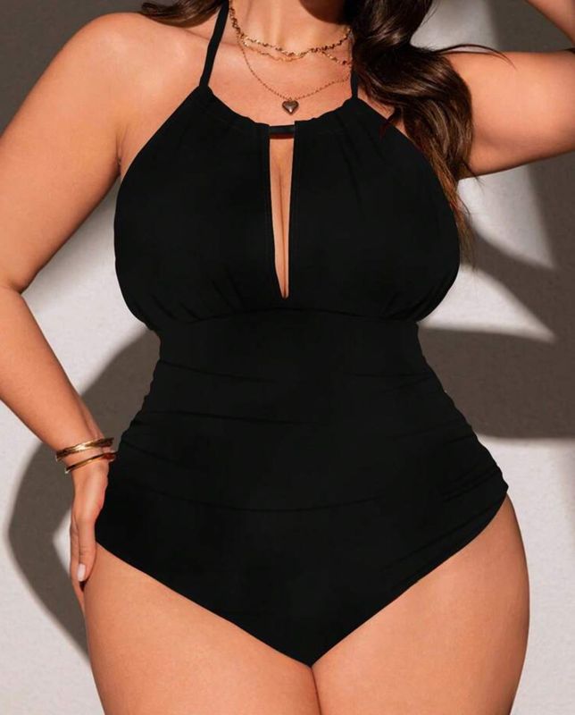 Plus Size  Solid Color Hollow Out Halter One Piece Swimsuit