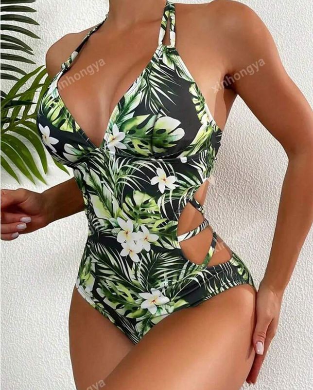 Sexy Tropical Print Halter Neck Backless Drawstring One-Piece
