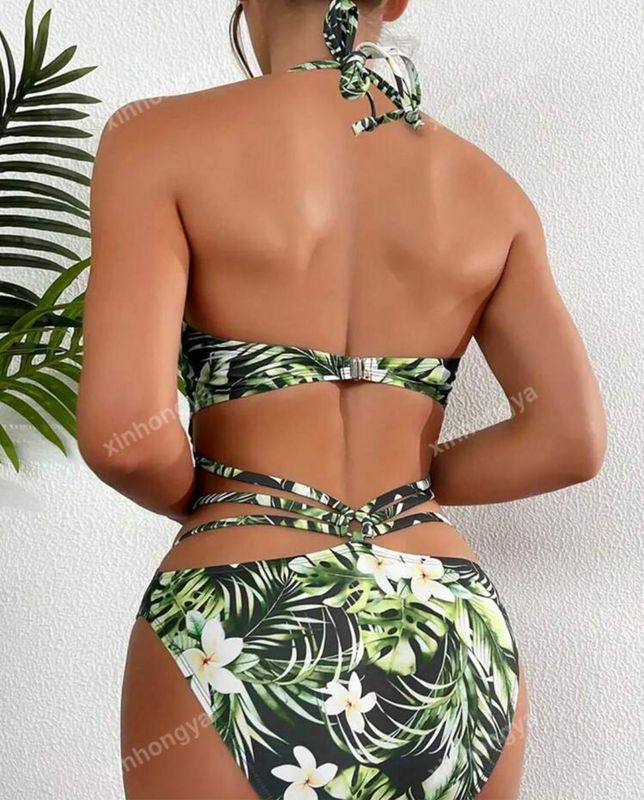 Sexy Tropical Print Halter Neck Backless Drawstring One-Piece