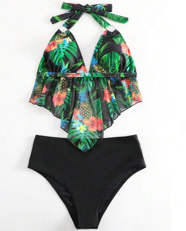Swim Lushoire Summer Beach Tropical Print Hanky Hem Halter Tankini