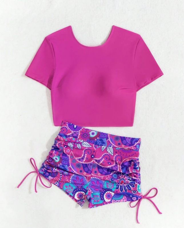 Holiday Solid Color Round Neck Short Sleeve Top And Tropical Plant Print Drawstring Shorts Tankini Set