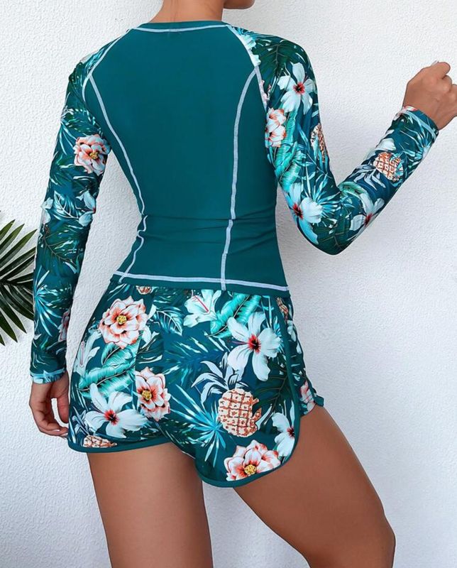 Summer Beach Tropical Print Shorts Rashguard With Long Sleeve