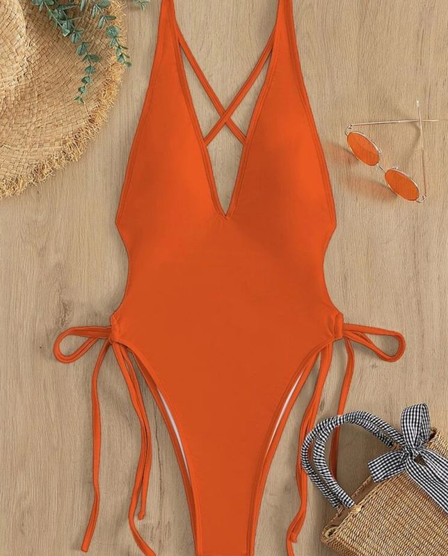 Solid Plunging One Piece Swimsuit, Bathing Suit