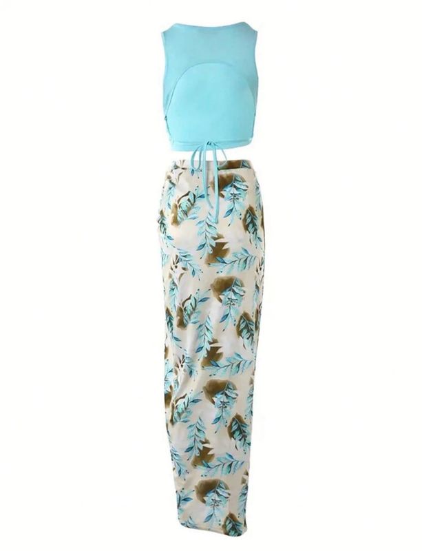 INAWLY Women's Solid Color Top And Plant Print Drawstring Skirt Set